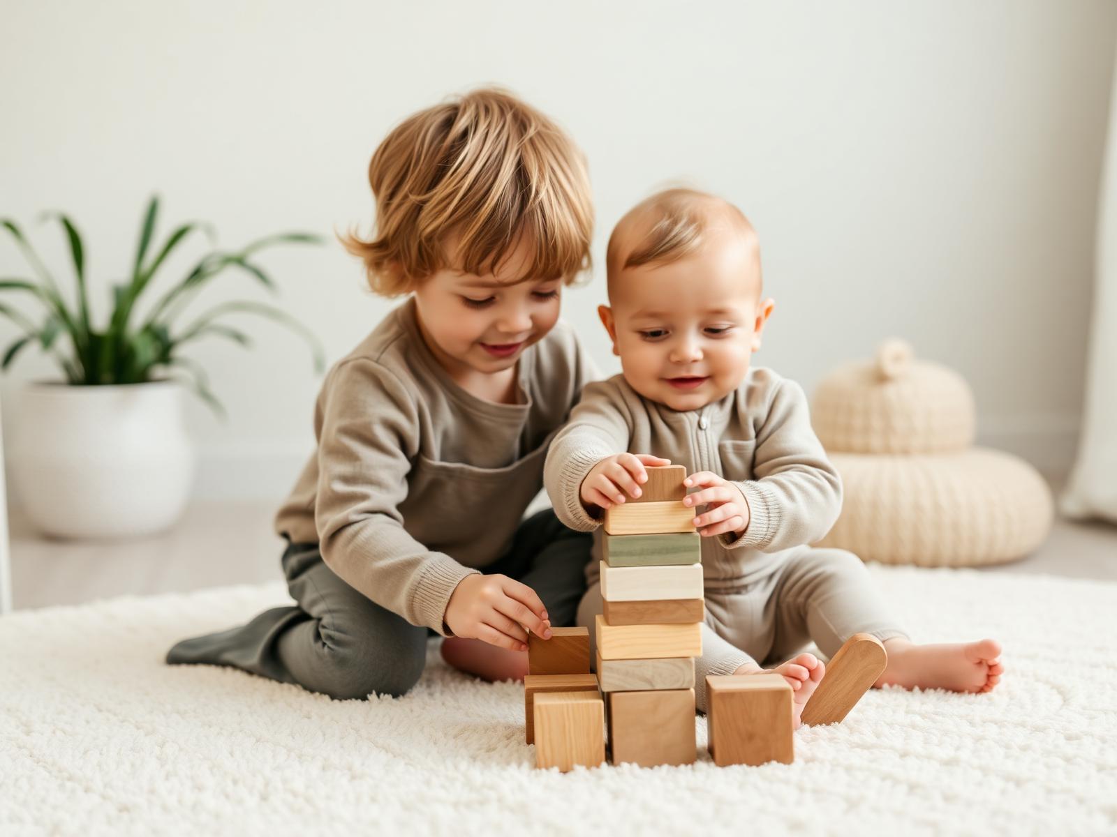 Kind speelt met een baby met houten blokken op een zacht crèmekleurig tapijt